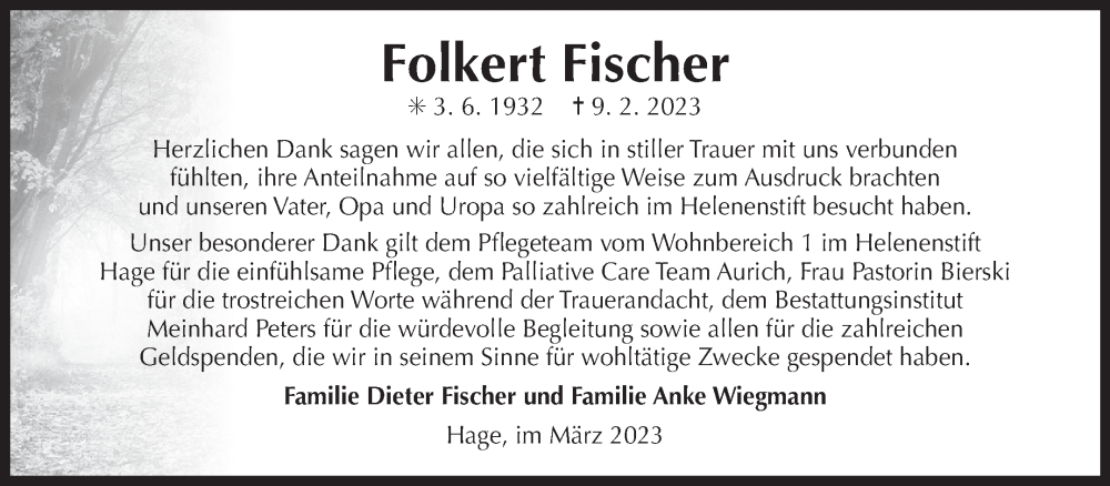  Traueranzeige für Folkert Fischer vom 11.03.2023 aus 