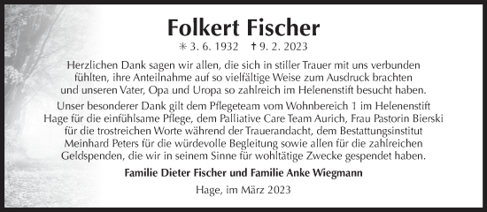Traueranzeige von Folkert Fischer 