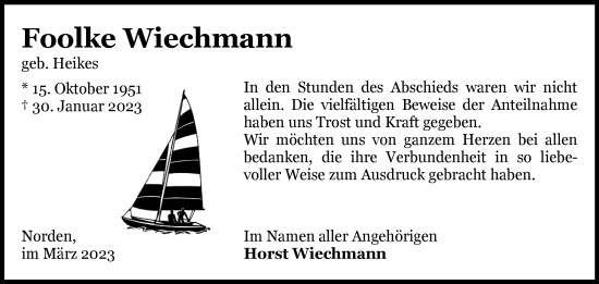 Traueranzeige von Foolke Wiechmann 