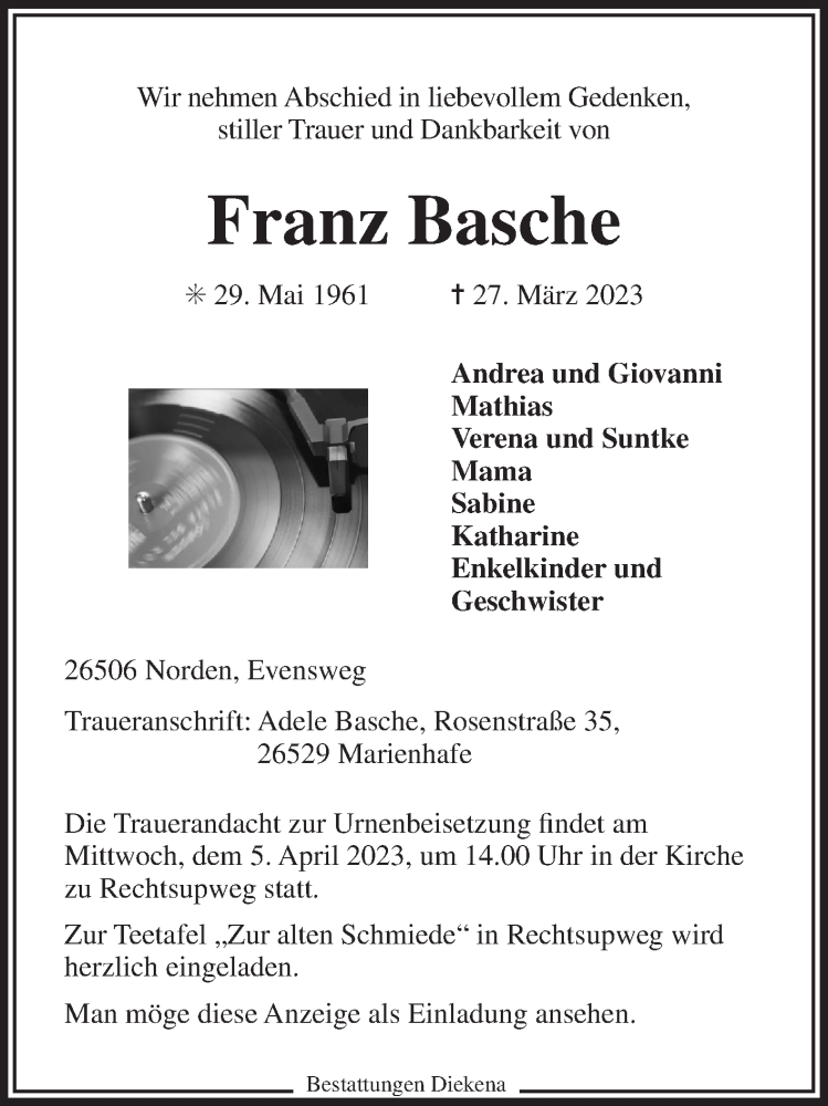  Traueranzeige für Franz Basche vom 30.03.2023 aus 
