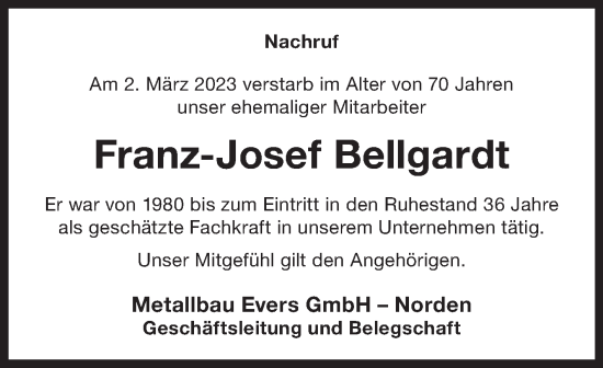 Traueranzeige von Franz-Josef Bellgardt 