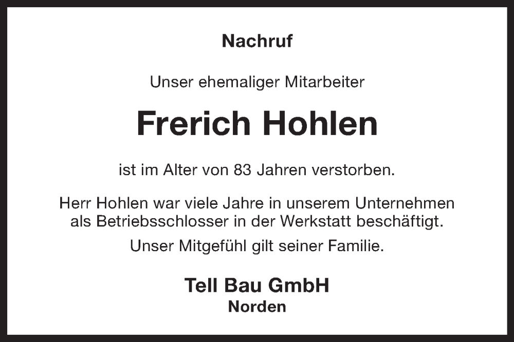  Traueranzeige für Frerich Hohlen vom 01.03.2023 aus 