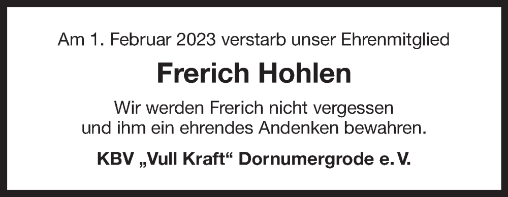  Traueranzeige für Frerich Hohlen vom 01.03.2023 aus 