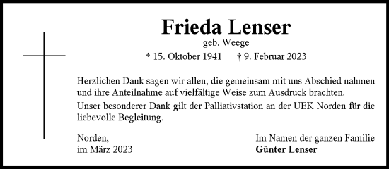Traueranzeige von Frieda Lenser 