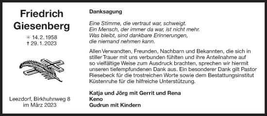 Traueranzeige von Friedrich Giesenberg 