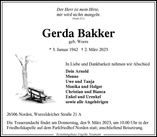 Traueranzeige von Gerda Bakker 