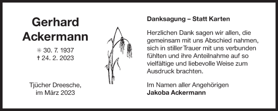 Traueranzeige von Gerhard Ackermann 