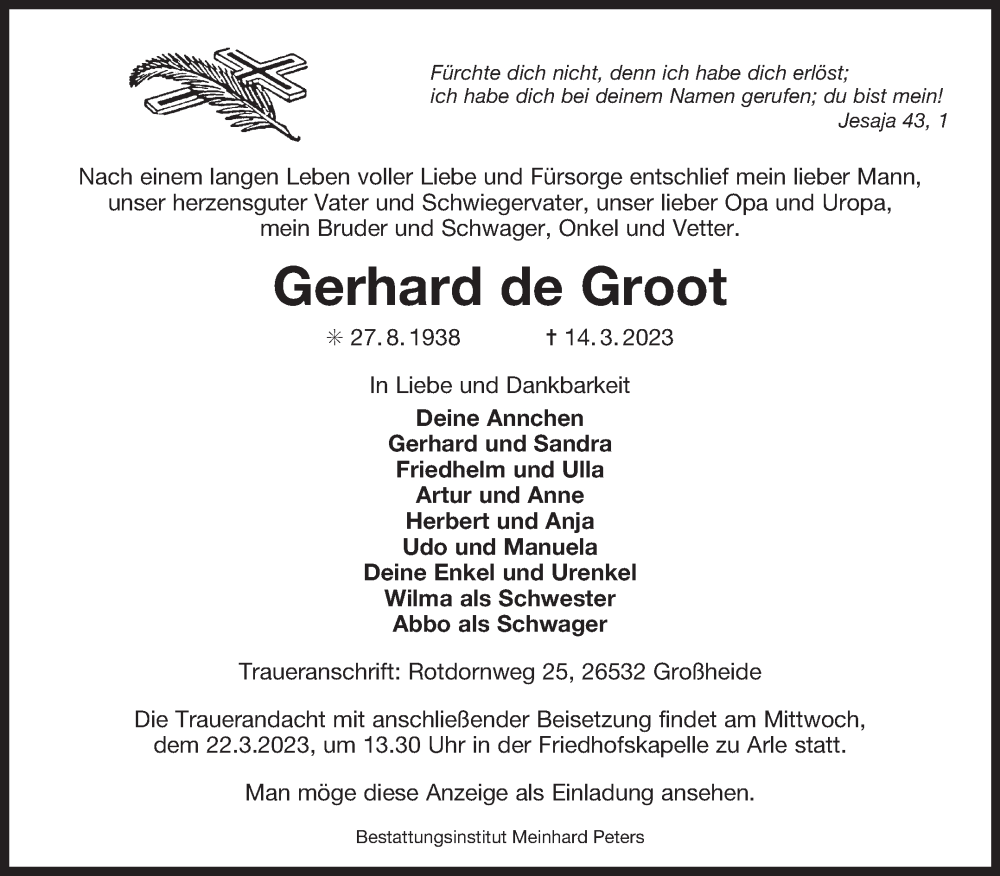  Traueranzeige für Gerhard de Groot vom 18.03.2023 aus 