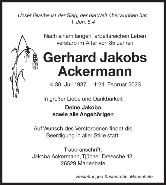 Traueranzeige von Gerhard Jakobs Ackermann 