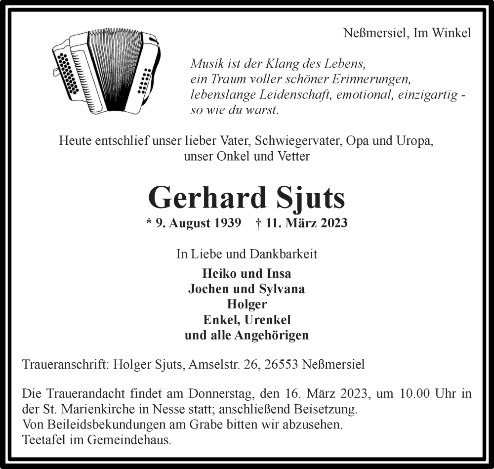  Traueranzeige für Gerhard Sjuts vom 14.03.2023 aus 