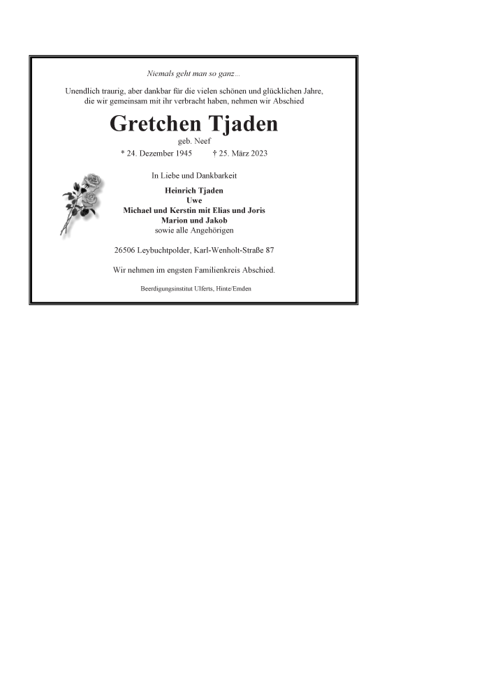  Traueranzeige für Gretchen Tjaden vom 27.03.2023 aus 