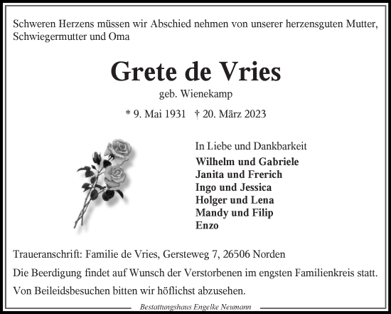 Traueranzeige von Grete de Vries 