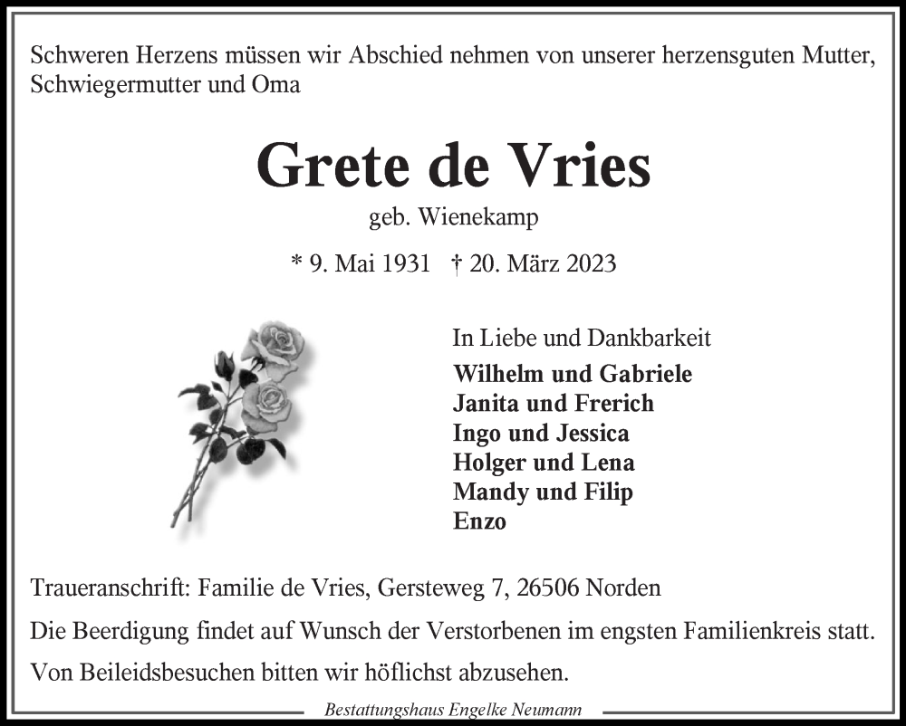  Traueranzeige für Grete de Vries vom 22.03.2023 aus 