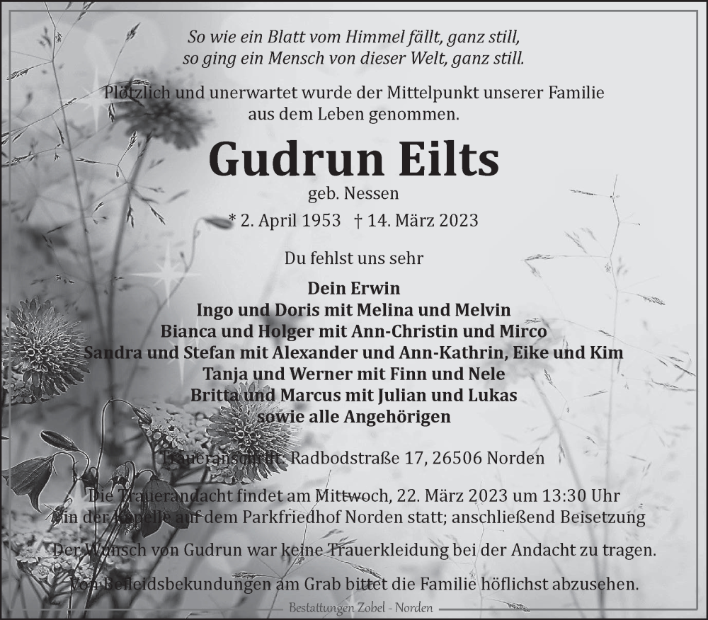  Traueranzeige für Gudrun Eilts vom 18.03.2023 aus 