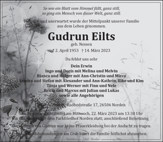 Traueranzeige von Gudrun Eilts 