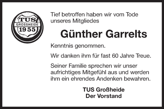 Traueranzeige von Günther Garrelts 