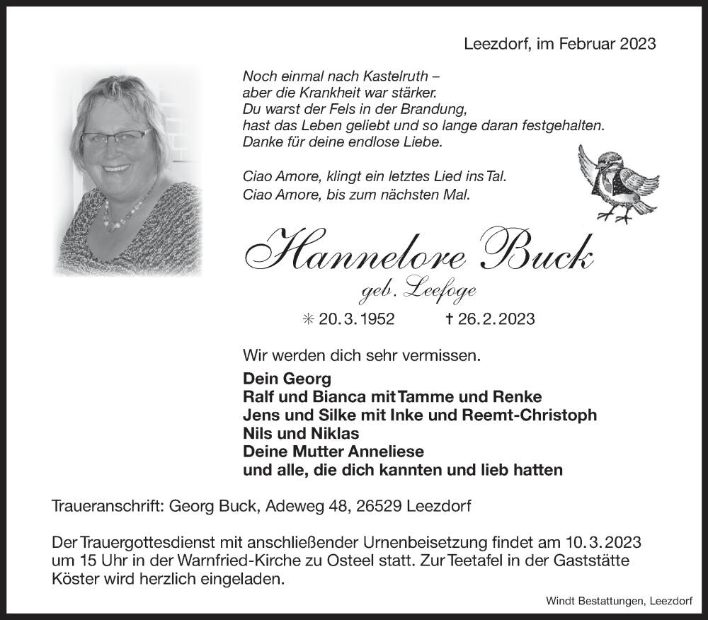  Traueranzeige für Hannelore Buck vom 04.03.2023 aus 