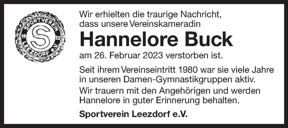  Traueranzeige für Hannelore Buck vom 04.03.2023 aus 