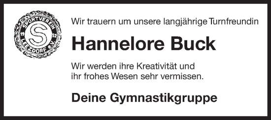 Traueranzeige von Hannelore Buck 