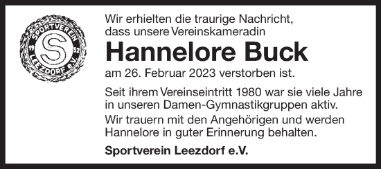 Traueranzeige von Hannelore Buck 
