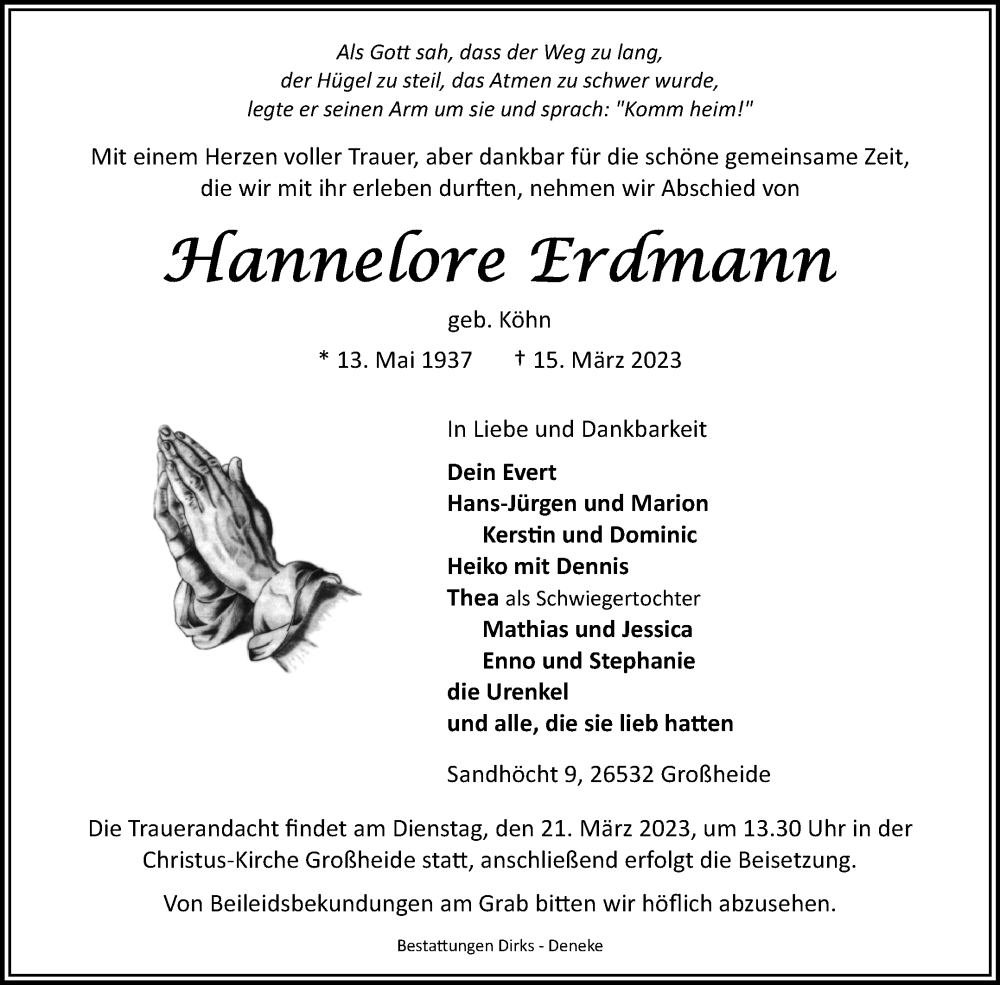  Traueranzeige für Hannelore Erdmann vom 17.03.2023 aus 