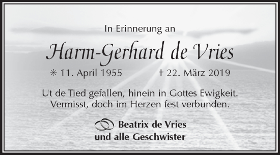 Traueranzeige von Harm-Gerhard de Vries 