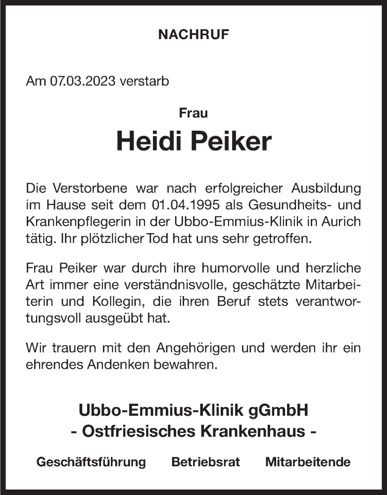  Traueranzeige für Heidi Peiker vom 16.03.2023 aus 