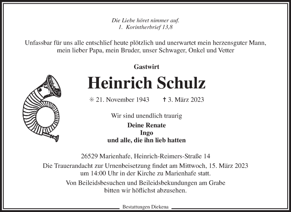  Traueranzeige für Heinrich Schulz vom 07.03.2023 aus 