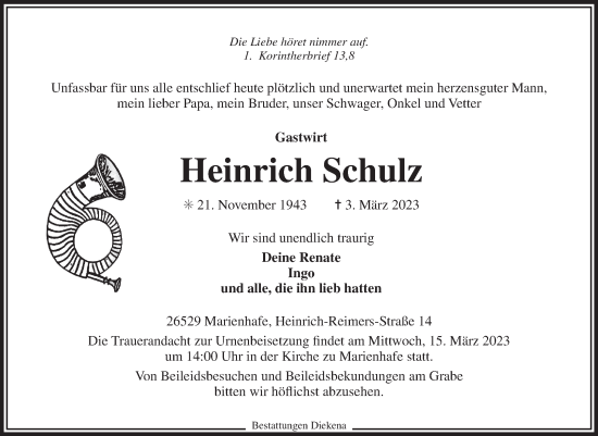 Traueranzeige von Heinrich Schulz 
