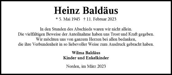 Traueranzeige von Heinz Baldäus 