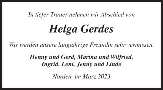 Traueranzeige von Helga Gerdes 