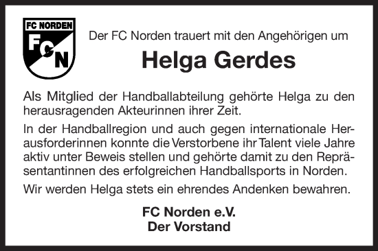 Traueranzeige von Helga Gerdes 