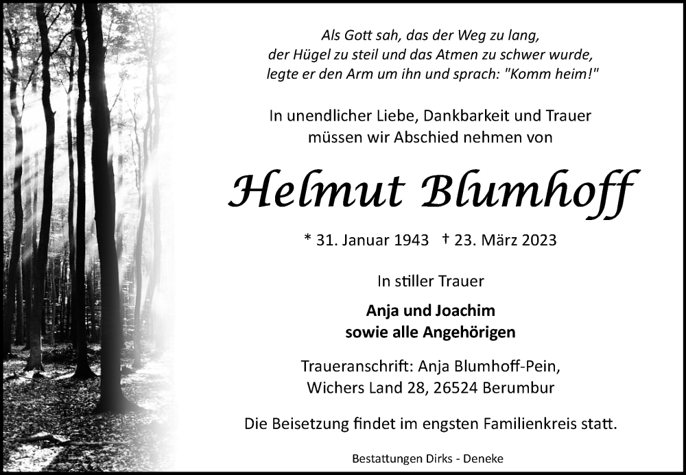  Traueranzeige für Helmuth Blumhoff vom 27.03.2023 aus 