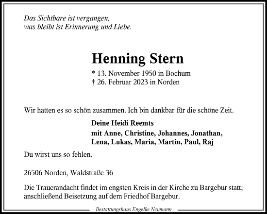 Traueranzeige von Henning Stern 