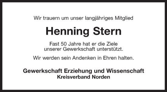 Traueranzeige von Henning Stern 