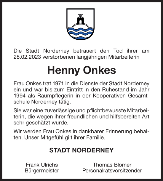 Traueranzeige von Henny Onkes 