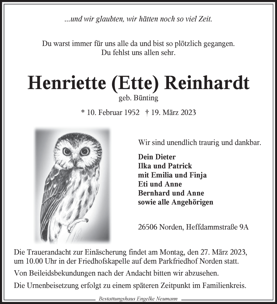  Traueranzeige für Henriette Reinhardt vom 23.03.2023 aus 
