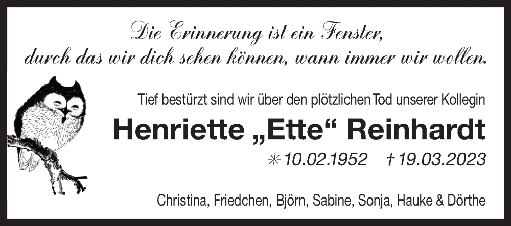  Traueranzeige für Henriette Reinhardt vom 23.03.2023 aus 