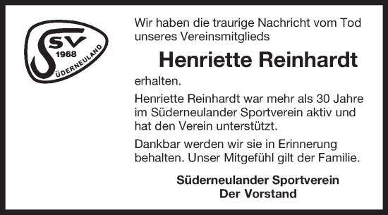 Traueranzeige von Henriette Reinhardt 