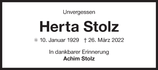 Traueranzeige von Herta Stolz 