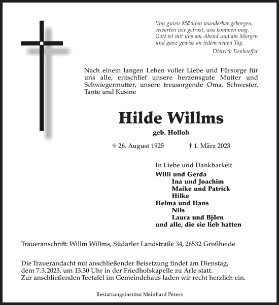 Traueranzeige von Hilde Willms 
