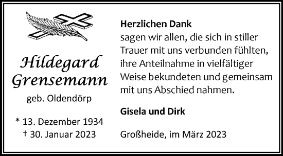 Traueranzeige von Hildegard Grensemann 