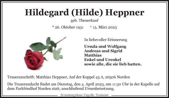 Traueranzeige von Hildegard  Heppner 