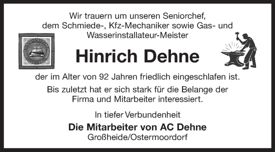 Traueranzeige von Hinrich Dehne 