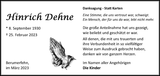 Traueranzeige von Hinrich Dehne 