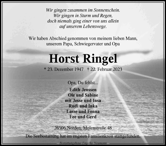 Traueranzeige von Horst Ringel 