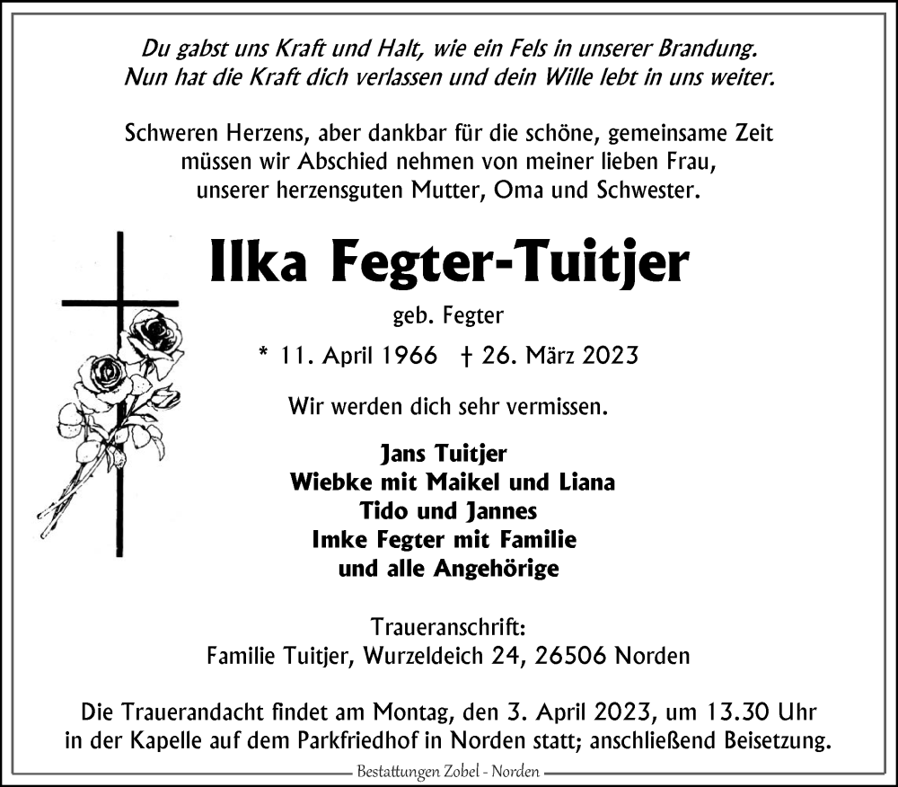  Traueranzeige für Ilka Fegter-Tuitjer vom 30.03.2023 aus 