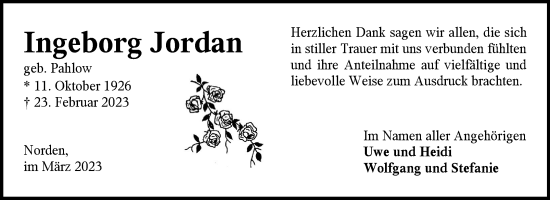 Traueranzeige von Ingeborg Jordan 