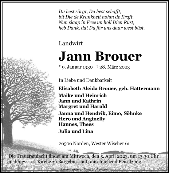 Traueranzeige von Jann Brouer 