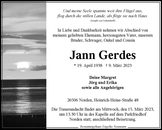 Traueranzeige von Jann Gerdes 